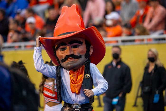Sep 18, 2021; Boise, Idaho, USA; Oklahoma State Cowboys mascot Pistol Pete during the first half of play against the Boise State Broncos at Albertsons Stadium.